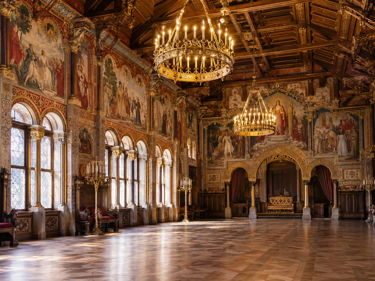 Der Sängersaal in Schloss Neuschwanstein mit aufwendigen Wandmalereien