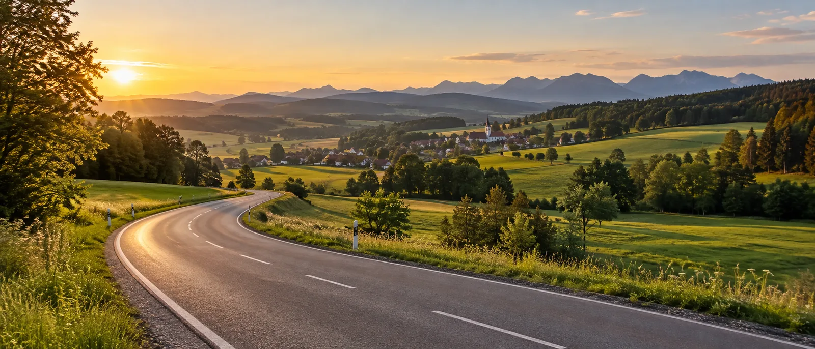 Eine kurvenreiche Landstraße durch hügelige bayerische Landschaft mit Blick auf ein fernes Dorf