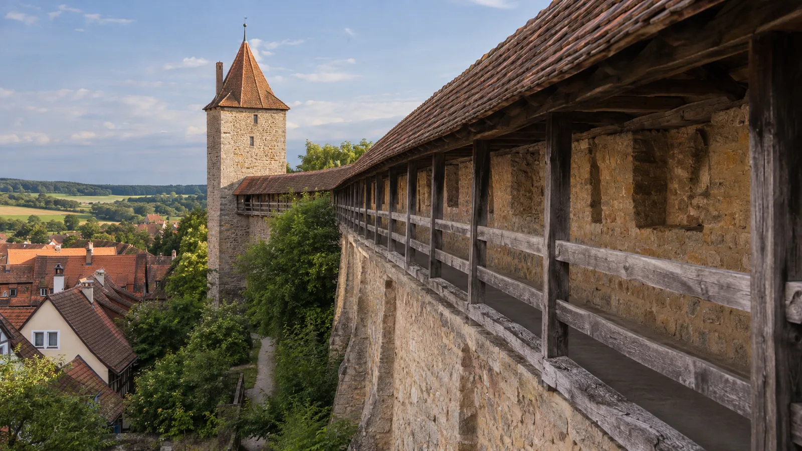 Die Stadtmauer von Rothenburg ob der Tauber mit Wehrgang und Türmen