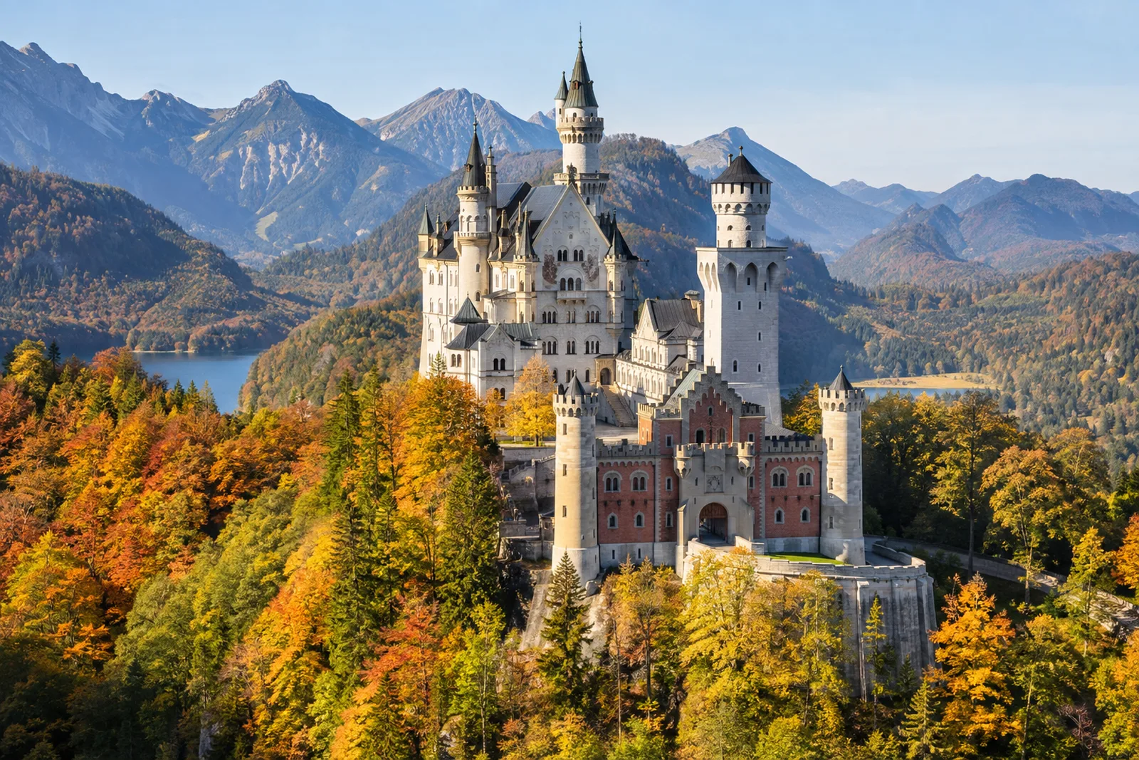 Schloss Neuschwanstein auf einem Felsen vor den Alpen im Herbstlicht