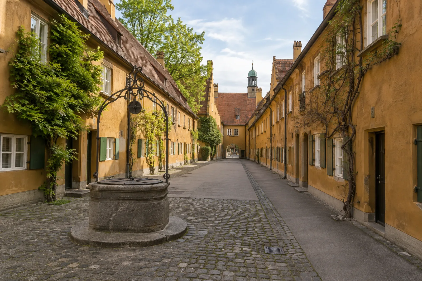 Die Fuggerei in Augsburg, schmale Gasse mit historischen Sozialwohnungen