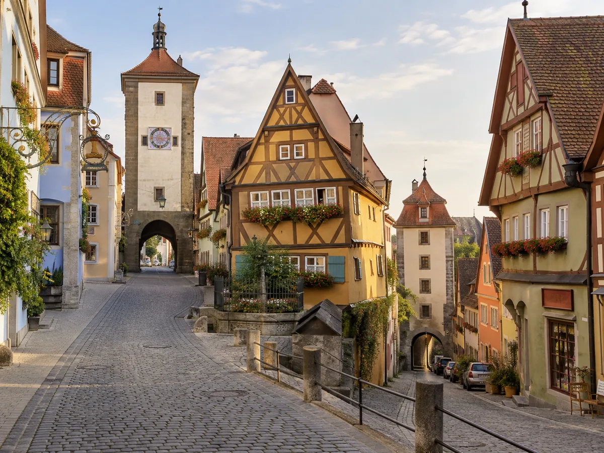 Das Plönlein in Rothenburg, ein gegabeltes Fachwerkhaus zwischen zwei Türmen