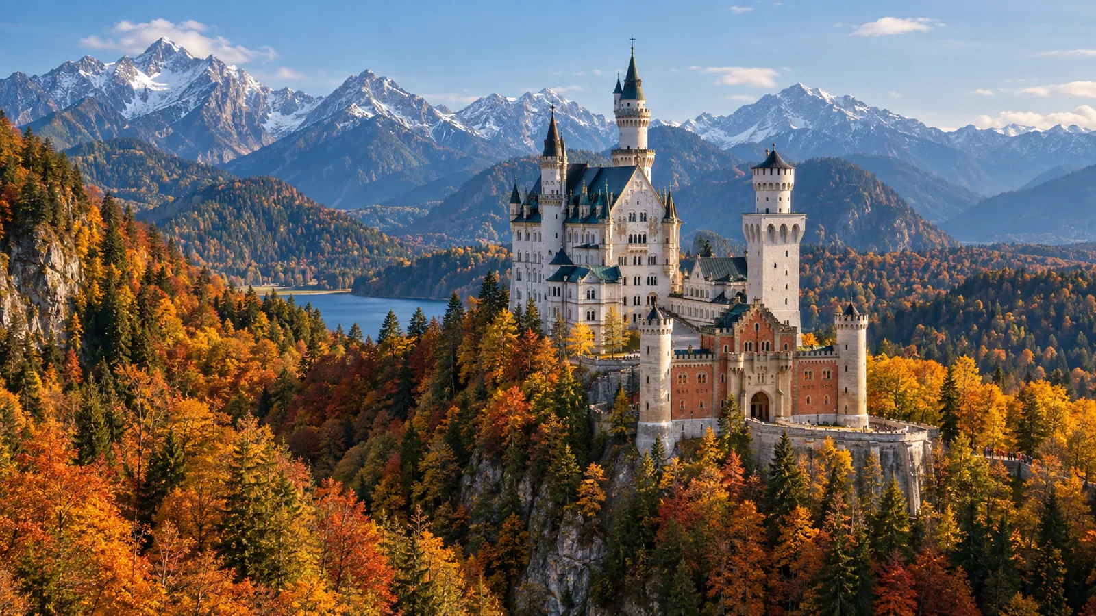Schloss Neuschwanstein auf seinem Felsen, umgeben von herbstlichem Wald vor den Alpen