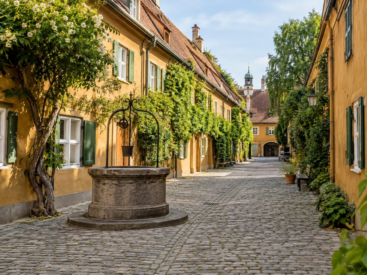 Eine Gasse in der Fuggerei mit historischen Wohnhäusern und Brunnen