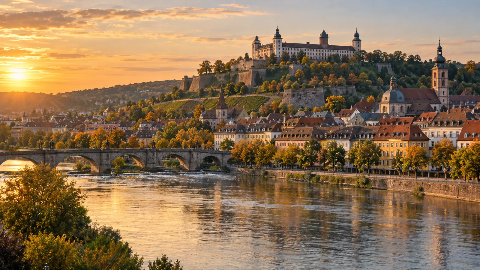 Blick auf Würzburg mit der Festung Marienberg über dem Main