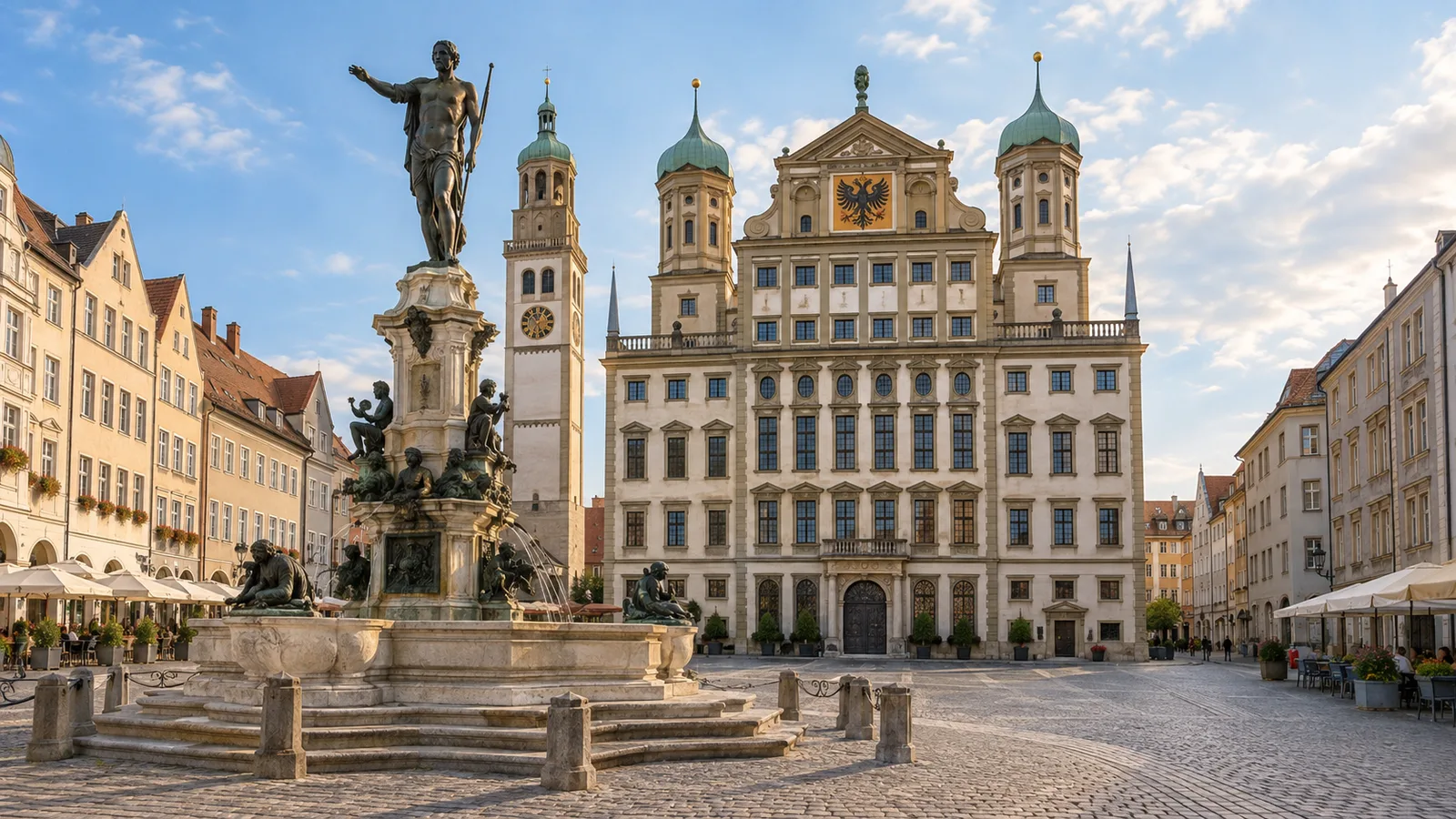 Der Rathausplatz von Augsburg mit dem Augustusbrunnen im Vordergrund